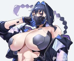 1girl absurdres black hair black jacket blue eyes blue hair braid braided ponytail breasts commentary cosplay covered m…