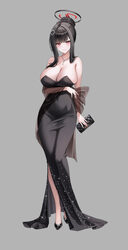 1girl arm under breasts bare shoulders black dress black hair black halo black shoes blue archive blush braid braided b…