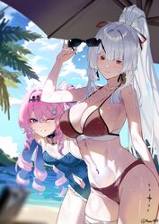 2girls alternate costume bikini blue eyes blue hair blue one-piece swimsuit blue sky breasts closed mouth clothing cuto…