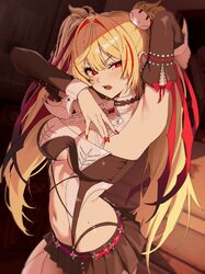 1girl absurdres arm behind head arm up armpits arms up black skirt blonde hair breasts claret flint cleavage commentary…