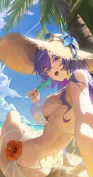 1girl absurdres alternate costume ass beach bikini blue eyes blue flower blue sky breasts cantarella (wuthering waves) …