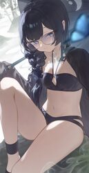 1girl absurdres bare legs bikini black bikini black hair black robe blue archive braid over shoulder breasts butterfly …