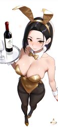 1girl animal ears bare arms bare shoulders black hair black pantyhose blush bottle breasts cleavage closed mouth commen…