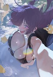 1girl absurdres azur lane backpack bag bikini bird black bag black bikini breasts cleavage cloud commentary day falling…