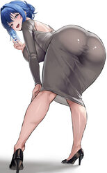 1girl absurdres alternate costume arcana (nikke) ass bent over blue eyes blue hair blush breasts card commentary dongta…
