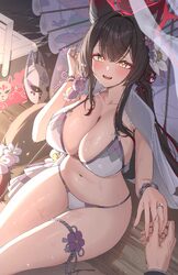 1boy 1girl  d absurdres animal ear fluff animal ears bikini black hair blue archive blush breasts collarbone commentary…