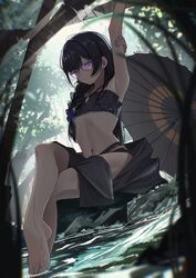 1girl absurdres armpits barefoot bikini black bikini black hair black robe blue archive blurry braid commentary crossed…