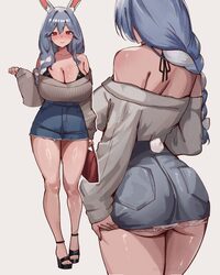 1girl absurdres alternate costume animal ears ass ass focus back bag bare legs bare shoulders blue nails blush braid br…