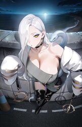 1girl bare shoulders black choker blue eyeshadow blue lips breasts choker cleavage commentary dress earrings elias2art …
