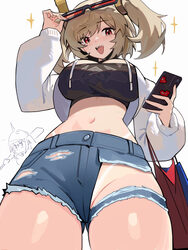 1girl  d alt text alternate costume bag black tube top blonde hair blush breasts burnice white cellphone commentary cow…