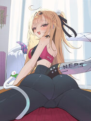 1girl absurdres ahoge ass bare shoulders black pants blonde hair breasts chalky (zenless zone zero) cissia (zenless zon…