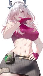 1girl abs absurdres alternate costume arknights arknights  endfield black skirt blue horns breasts clenched teeth comme…