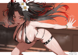 1girl alternate costume azur lane belt bent over black hair black one-piece swimsuit blush bracelet breasts clothing cu…