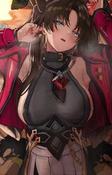 1boy 1girl absurdres alternate breast size (larger) black gloves black hair black shirt blue eyes breasts caelus (honka…