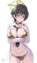 1girl alternate costume arm under breasts between breasts bikini black hair blue archive breasts clothes between breast…