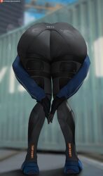 1girl amen pose (meme) artist name ass ass focus black gloves black pants blue jacket blue shoes blurry blurry backgrou…