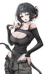 1girl absurdres animal ears bare shoulders black hair black leotard breasts brown pants cleavage collarbone covered nav…