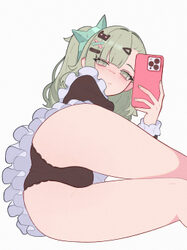 1girl absurdres ass ass focus black dress black panties cameltoe cellphone commentary dress film grain frilled dress fr…