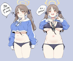 1girl ?  d arms behind back aroused between breasts bikini black ribbon blue archive blue hoodie bomb breasts brown hai…