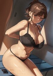 1girl absurdres adversarial noise anteiru arms behind back black bra black panties blush bow bow panties bra breasts br…