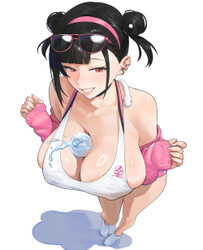 1girl albino animal animal on shoulder bare shoulders between breasts blunt bangs bottle bottle between breasts breasts…