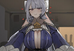 1girl azz0422 blue dress blunt bangs blush breasts cleavage closed mouth clothing cutout commentary dress grey hair hea…