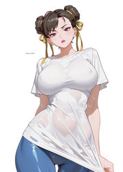 1girl absurdres artist name blue pants breasts brown eyes brown hair chun-li commentary covered nipples cowboy shot dou…