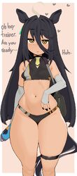 1girl ahoge animal ears bag bare shoulders black hair black nails black panties black sports bra breasts commentary elb…