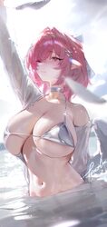 1girl absurdres arm up bikini blush breasts chinese commentary choker chromatic aberration closed mouth commentary requ…