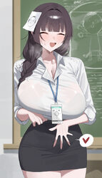 1girl absurdres black hair black skirt blue archive blush bra visible through clothes braid breasts chalkboard cleavage…