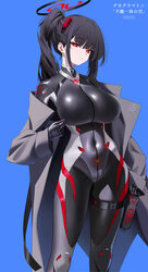 1girl absurdres black bodysuit black hair black halo blue archive bodysuit breasts coat commentary request covered nave…