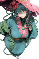 1girl aoi sakura (seak5545) ara-ara venusaur black gloves blush breasts gloves green hair green kimono hair between eye…