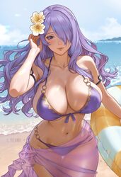 1girl absurdres adjusting hair armpit crease artist name bare arms bare shoulders beach bikini blue sky breasts camilla…
