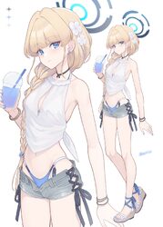1girl alternate costume alternate hairstyle bare arms bare legs bare shoulders bikini blonde hair blue archive blue bik…