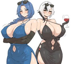2girls absurdres akazuan 19 alcohol alternate breast size (larger) alternate costume arlecchino (genshin impact) arm un…