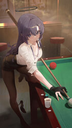 1girl absurdres alternate costume alternate hairstyle ball billiard ball billiard chalk billiard table billiards black …