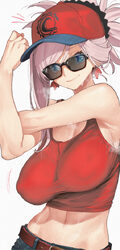 1girl absurdres armpits bare shoulders baseball cap belt blue eyes breasts chaldea logo cleavage commentary covered nip…