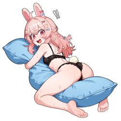 ! !! 1girl absurdres ahoge animal ears ass back barefoot between thighs black bra black panties blush bow bra braid bre…