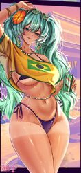 1girl alternate breast size (larger) artist name beads bikini bikini under clothes black bikini blue hair brazilian fla…