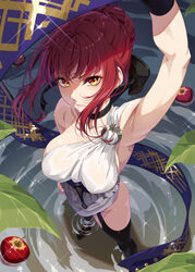 1girl absurdres alternate breast size (larger) apple armpit focus armpits black thighhighs breasts commentary request d…