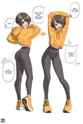 1girl absurdres ankle arms up artist name ass ass visible through thighs black pants blue eyes brown eyes brown hair ch…