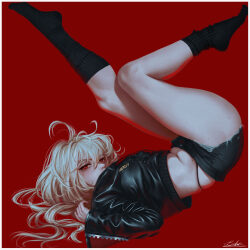 1girl bekus black jacket black panties black shorts black socks blonde hair border commentary cropped jacket denim deni…
