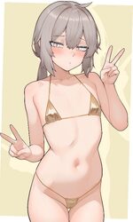 1girl  / absurdres bikini blush breasts brown eyes brown hair commentary request double v gd146 girls frontline gold bi…