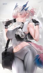 1girl absurdres alternate costume arknights arknights  endfield bag black gloves blue horns bottle boxing gloves breast…