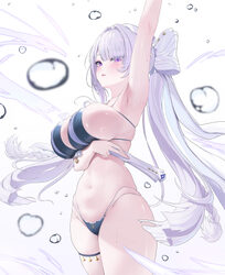 1girl absurdres air bubble arm up armpits bikini blue bikini breasts bubble commentary request elsynien groin hand fan …