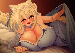 2girls absurdres animal ear fluff animal ears bed bed invitation breasts commentary dog ears dog girl dog tail english …