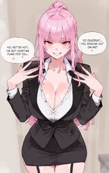 1girl absurdres black garter straps black skirt bluefield blush breasts cleavage collarbone collared shirt commentary e…