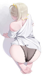 1girl absurdres ahoge all fours ass ass focus back barefoot black panties blonde hair blush closed mouth colored inner …
