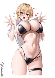 1girl artist name ass visible through thighs bikini black bikini blonde hair blue eyes blush breasts clothes lift comme…