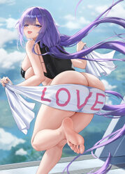 1girl absurdres aircraft ass azur lane back backpack bag bare arms bare legs bare shoulders barefoot bikini black bikin…
